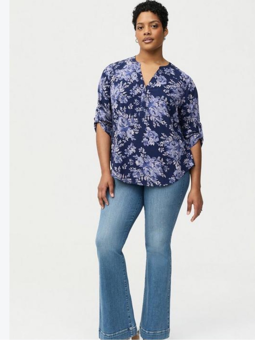 torrid Harper Challis 3/4 sleeve 1X Navy Floral Button-Front Blouse